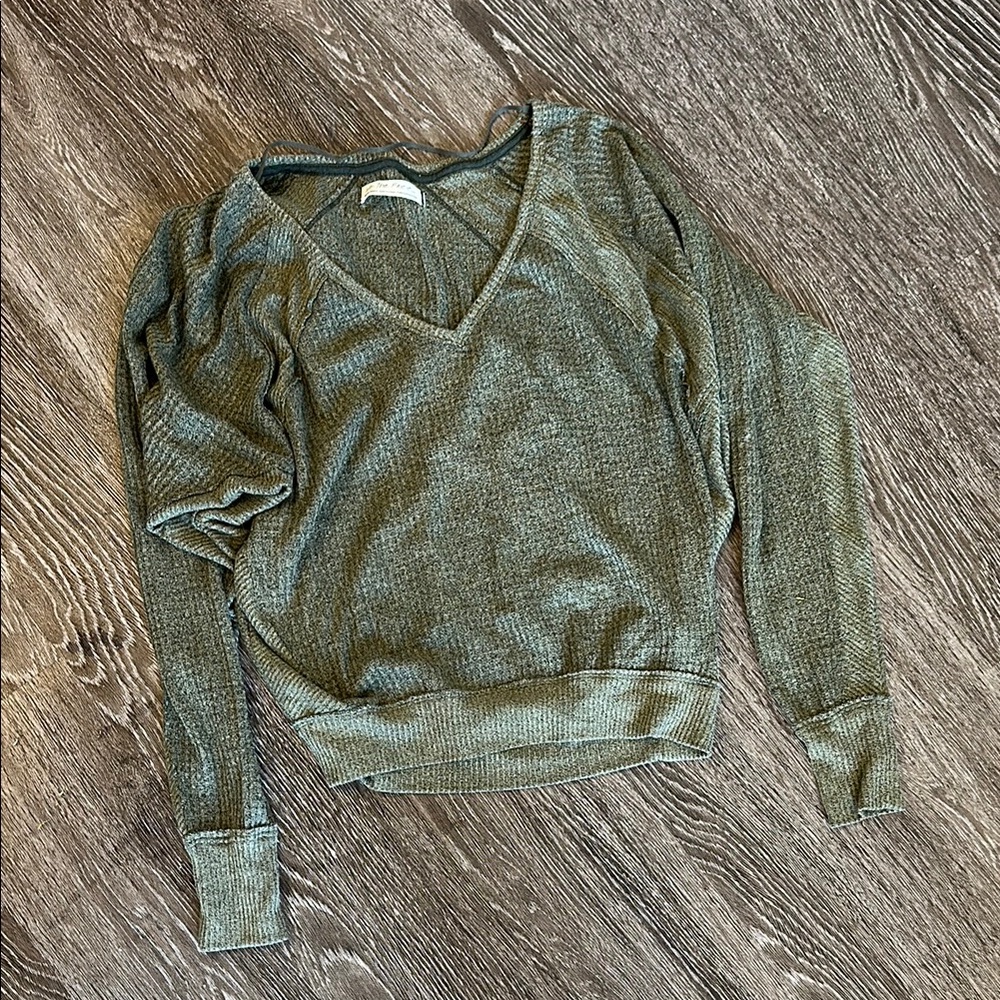 Olive Green V-Neck Waffle Top, We the Free, XS